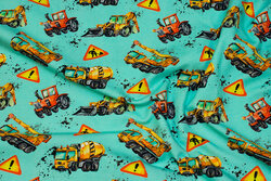 Mint-green cotton-jersey with work-machines and tractors